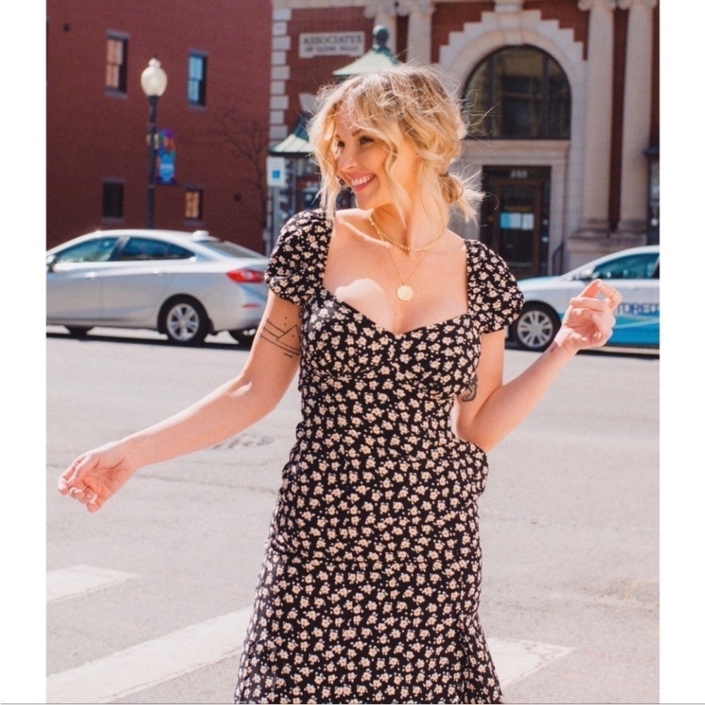 French Connection Black Midi Dress with Pink Floral Print